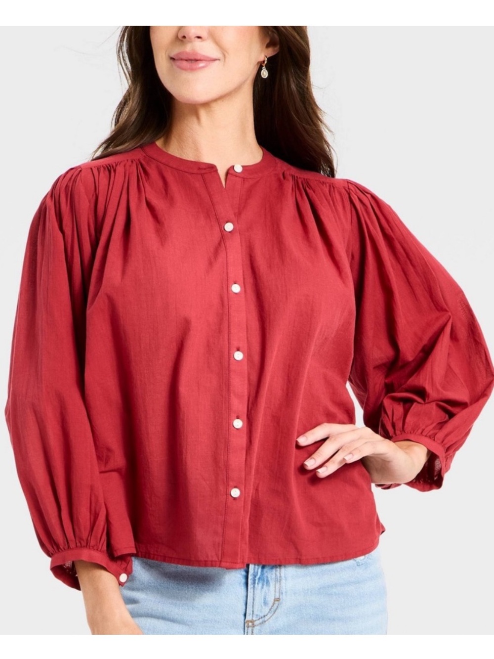 Universal Thread - Women's Puff Long Sleeve Banded Collar Neck Blouse Red Size S